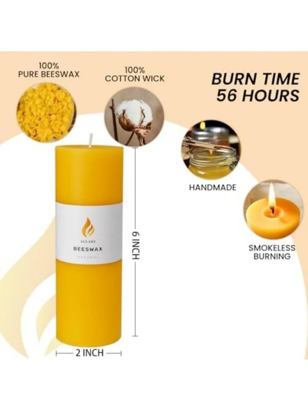6-Pack Pure Beeswax Pillar Candles - 56 Hour Burn, Wedding Decor & Emergency Use